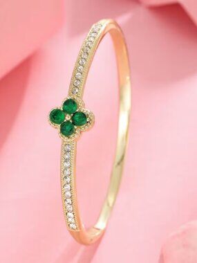 14K Gold Womens 2ct Green Emerald Gemstone 1ct Diamond Bangle Bracelet Jewelry